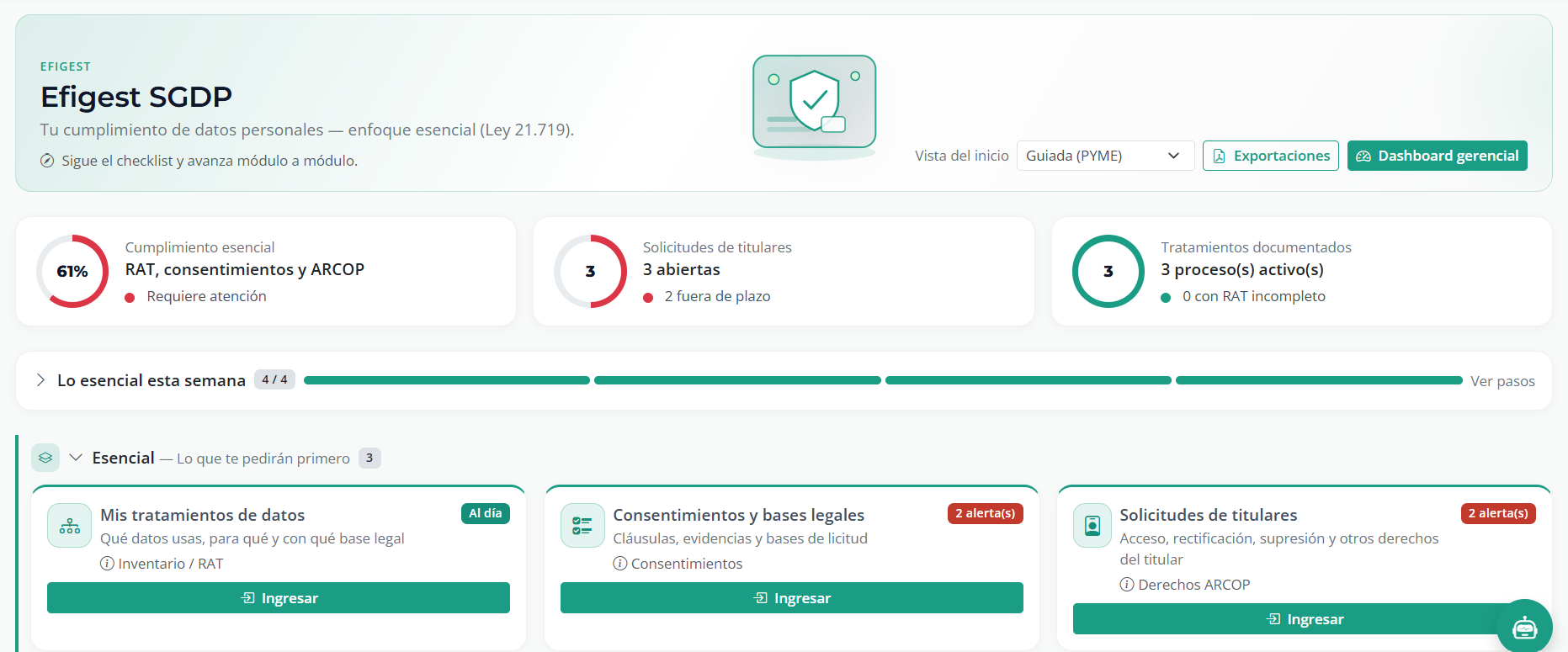 Onboarding guiado de cumplimiento en Efigest SGDP